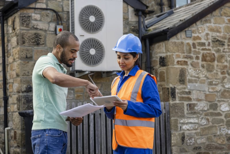 What Is a Heat Pump? A technician speaking with a customer outside their home.